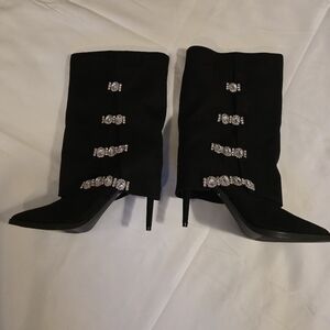 Thalia Sodi Black Mid-Calf Stiletto Boots with Crystal Straps (NWT)